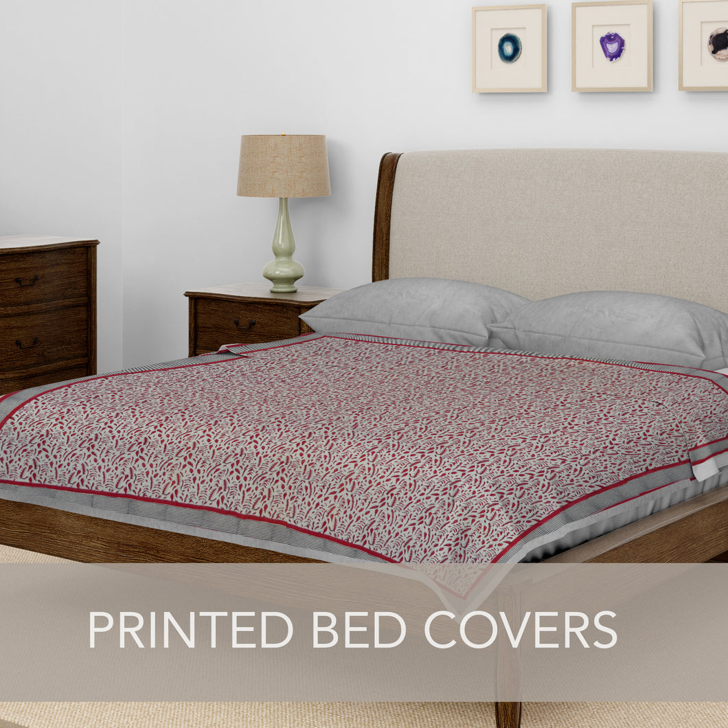 Red Hand Block Printed Small Leaves Bed Cover
