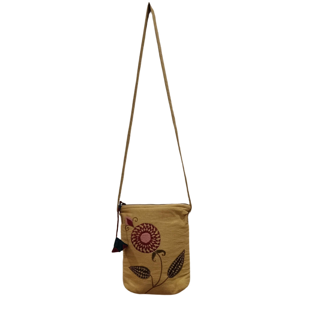 Beige Flower Design Sling Bag