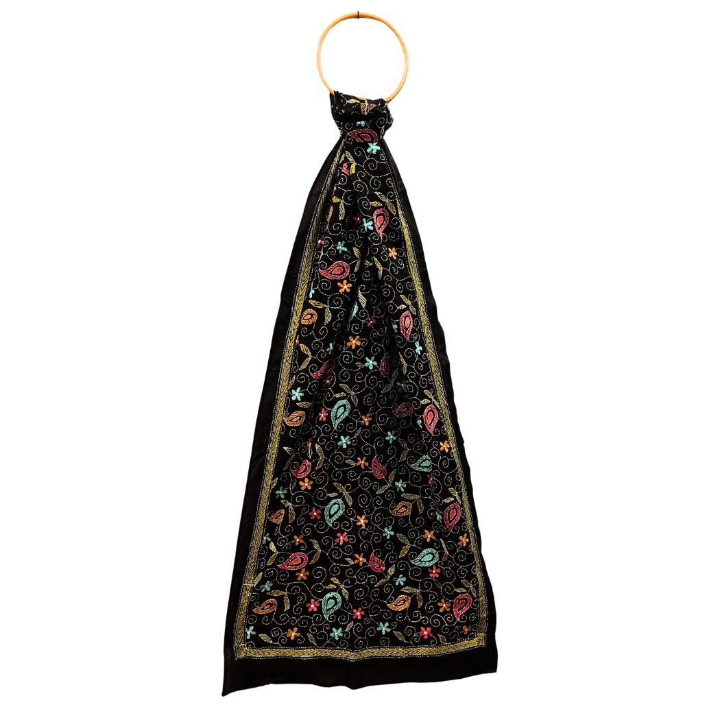 Black Colour Base With Multicolour Kantha Stitched Stole