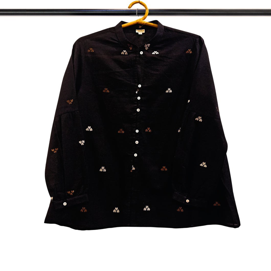 Black  Long Sleeve JamdanI Motif Top