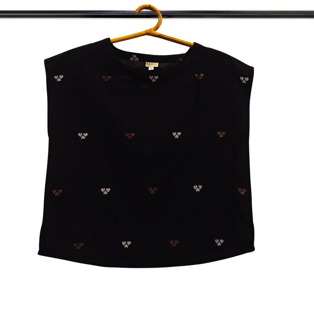 Black Sleeveless Jamdani Motif Top