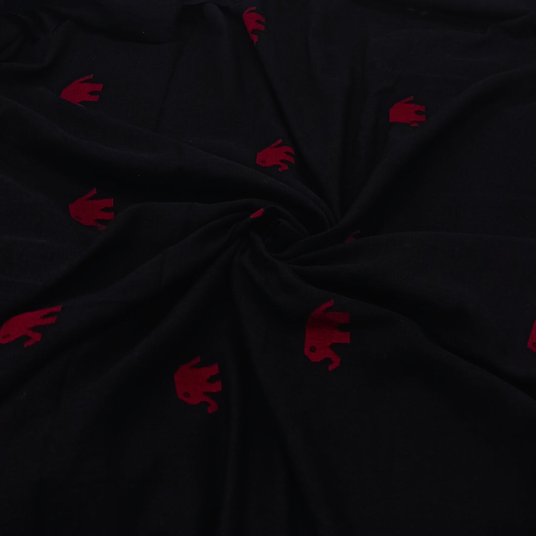 Black With Red Elephant Jamdani Motif Fabric