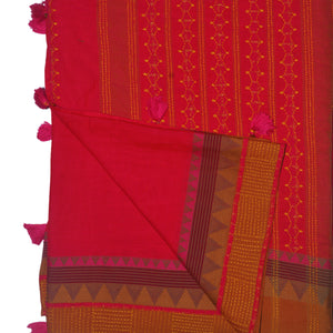 Cotton Red With Woven & Kantha Border Saree