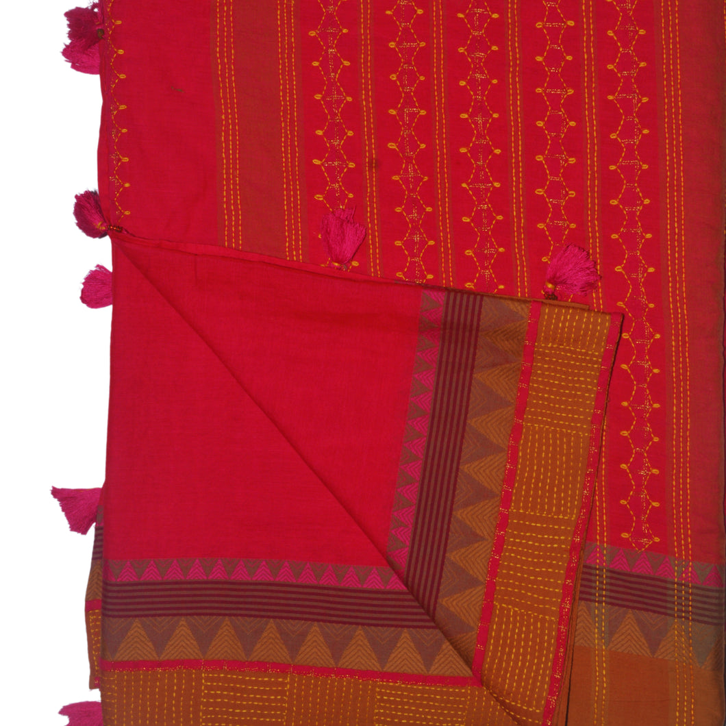 Cotton Red With Woven & Kantha Border Saree