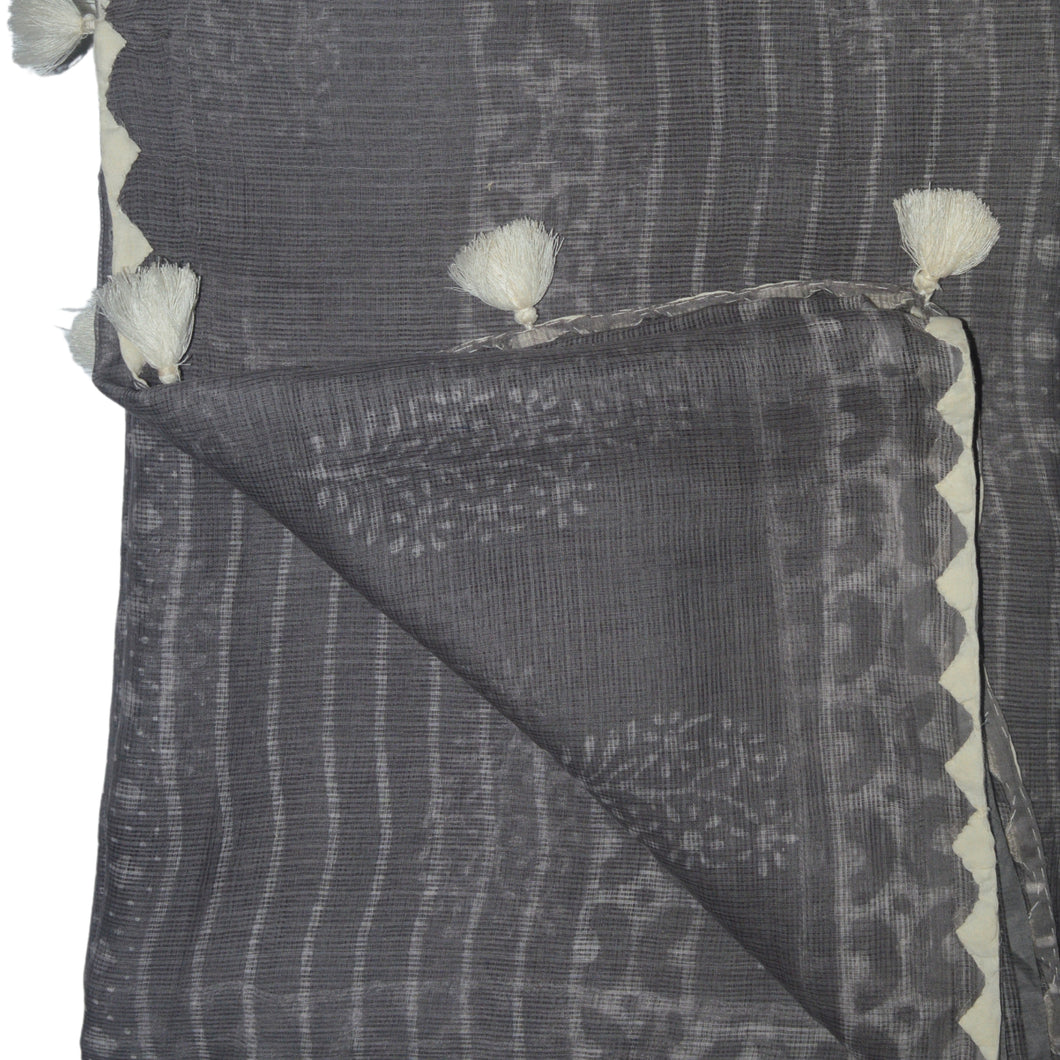 Deep Grey With White Printed Kota Saree