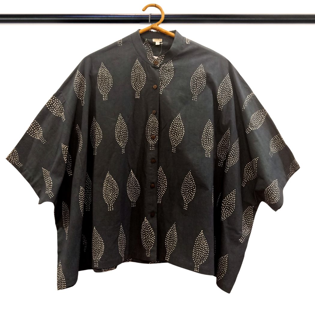 Green With White Lotus Bud Design Batik Over Size Top