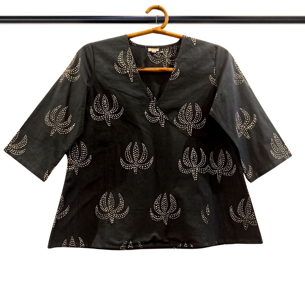 Grey With White Dot Lotus Design Batik Wrap Top