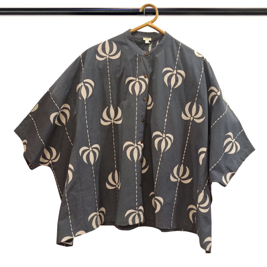 Grey  With White Lotus Design Batik Over Size Shirt