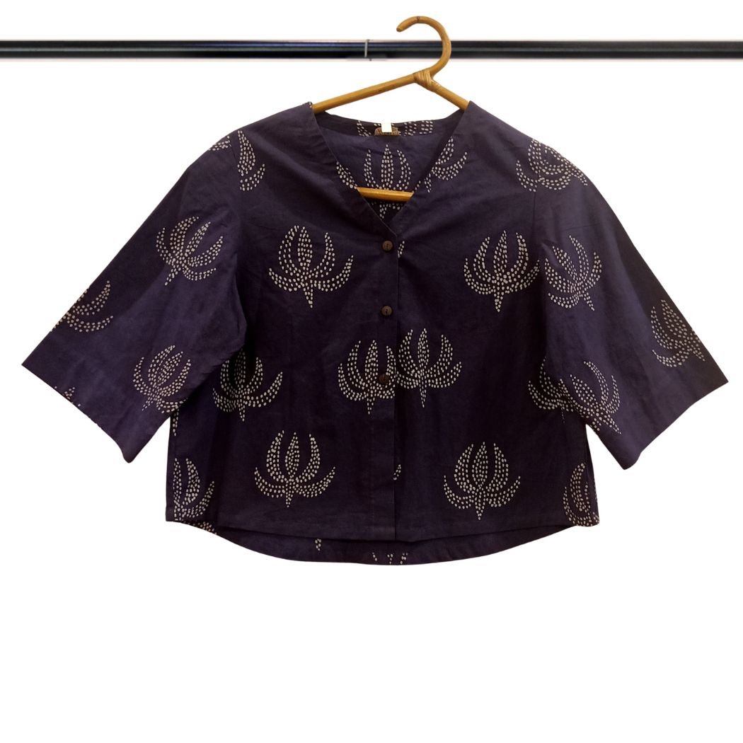 Grey With White Lotus Dot Design Batik V-Neck Top