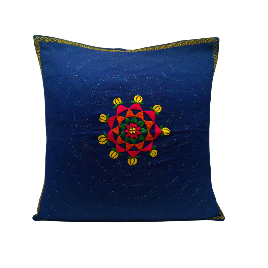 Kantha Stitched Multicolour Flower Cushion Cover