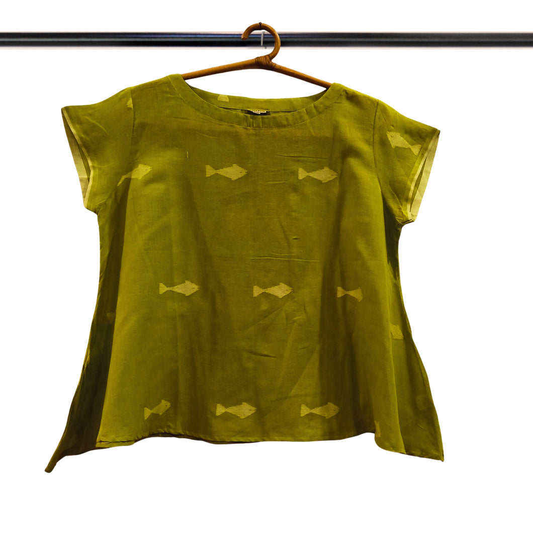 Light Green Jamdani Motif Flare Top