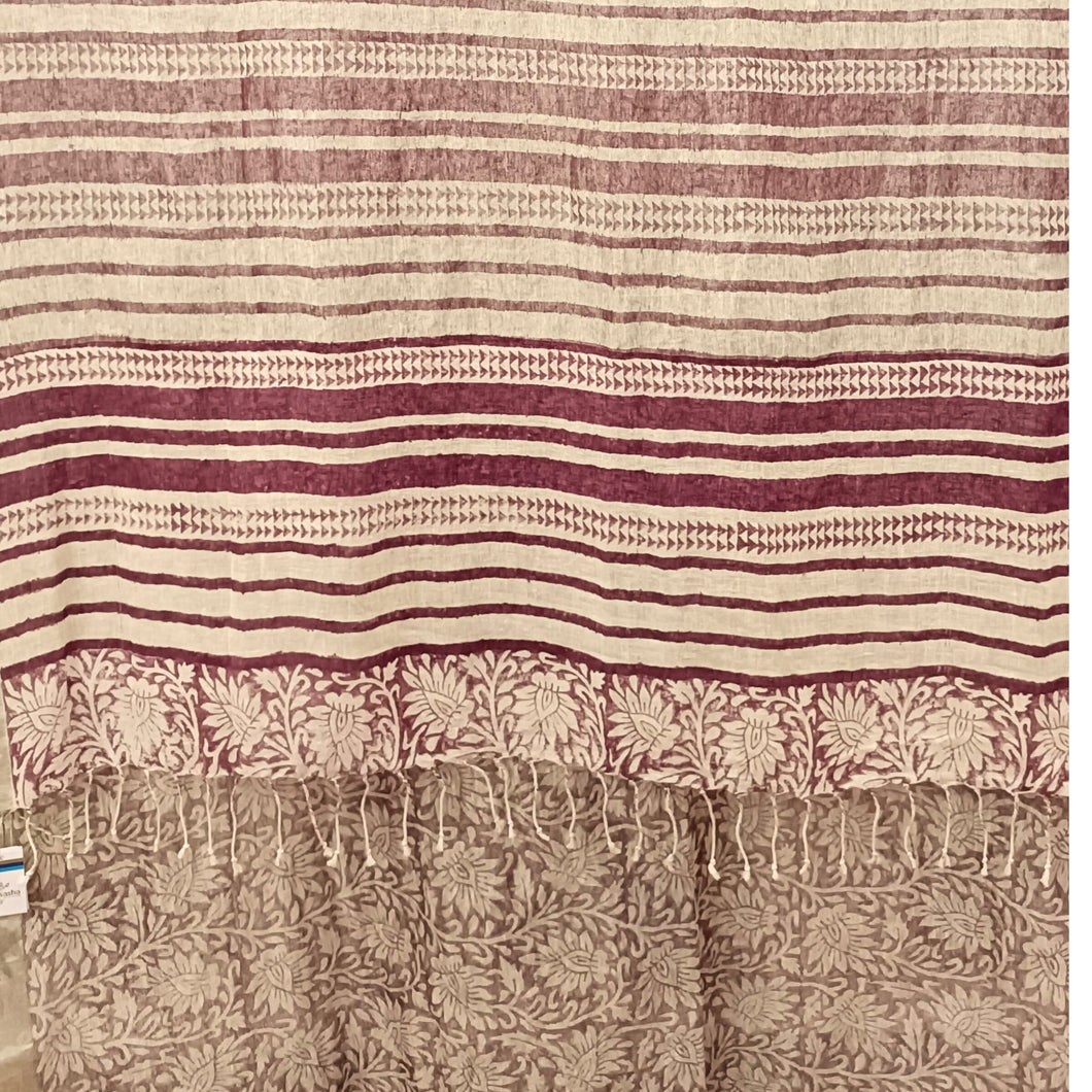 Linen Maroon Stripes & Flower Printed Saree