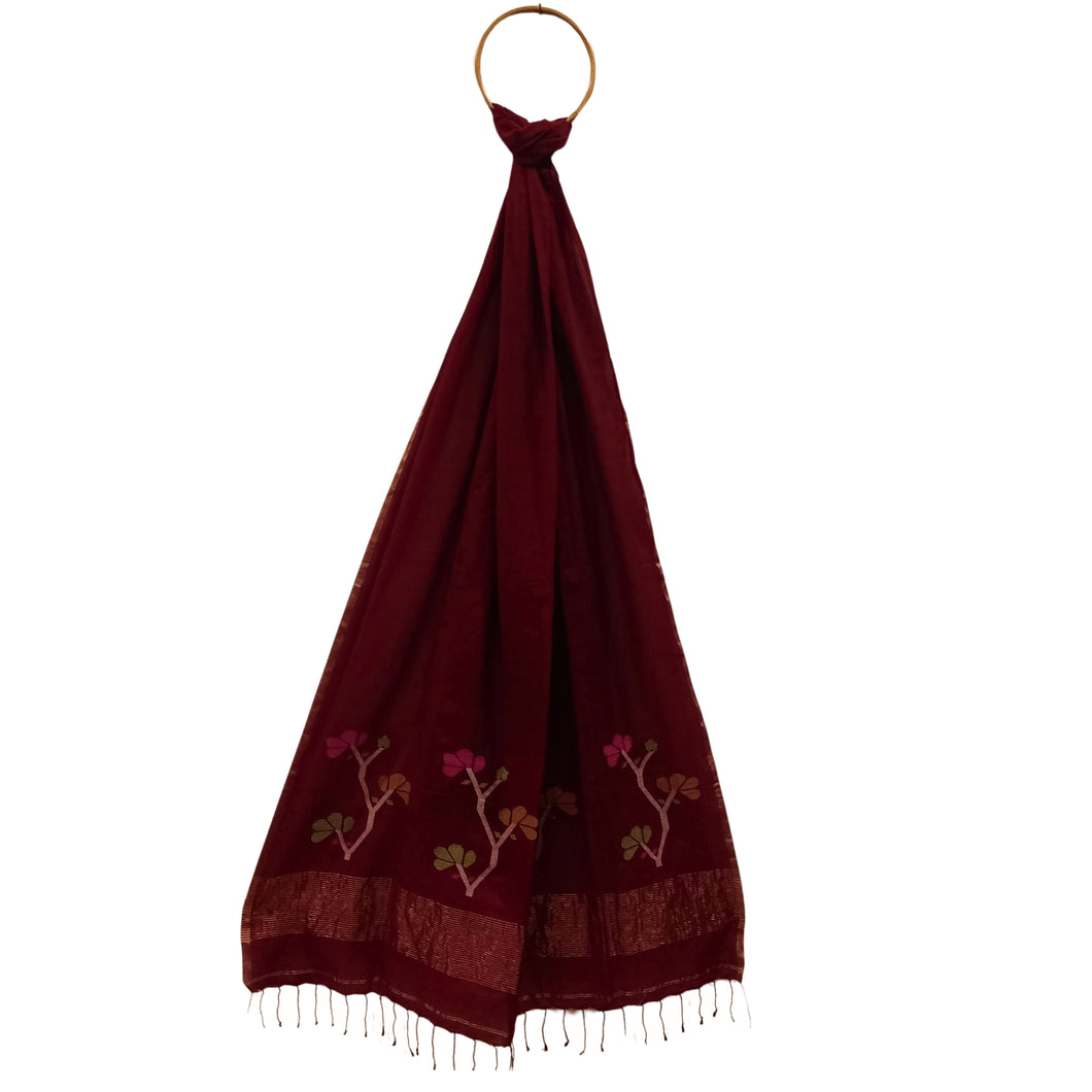 Maroon Flowers Motif Jamdani Dupatta