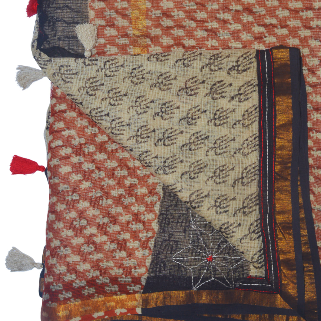 Maroon With Black Kantha Border Kota Saree