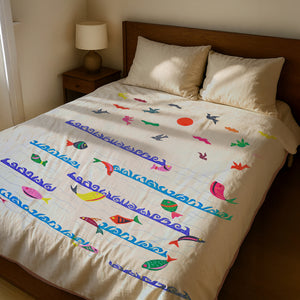 Multicolour Applique Birds & Fishes Bedcover