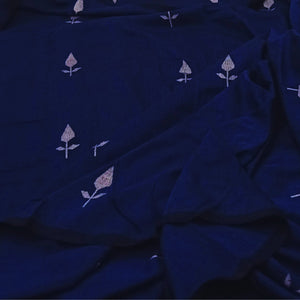 Navy Blue With White Jamdani Leaf Motif Fabric