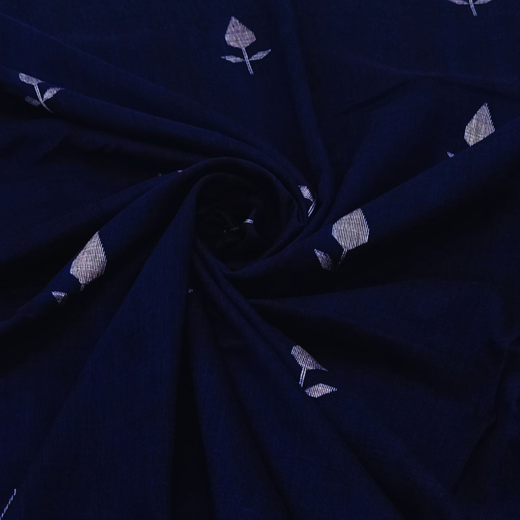 Navy Blue With White Jamdani Leaf Motif Fabric