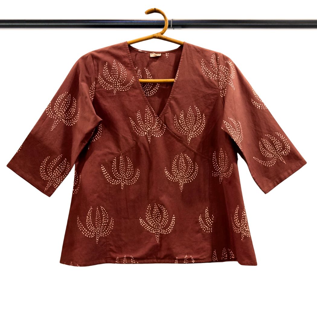 Peach With White Lotus Dot Design Batik Wrap Top