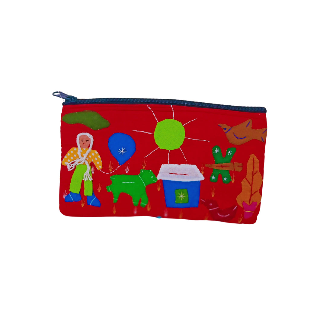 Red With Muliticolour Applique Purse