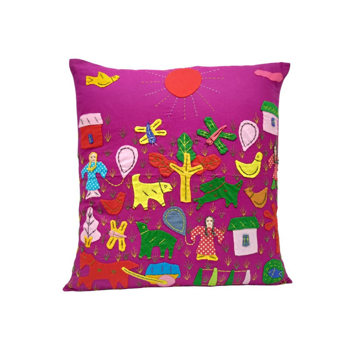 Village Scene Appliqued Cushion Cover In Purple