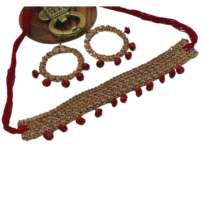 Palm Fibre With Red Seeds Choker & Earring-Set