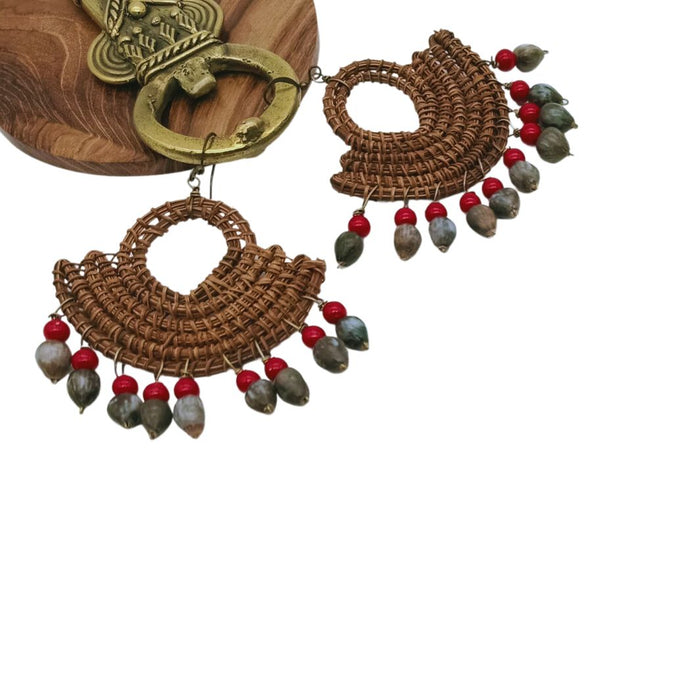 Palm Fibre With Red & Grey Seeds Semi Circle Earring