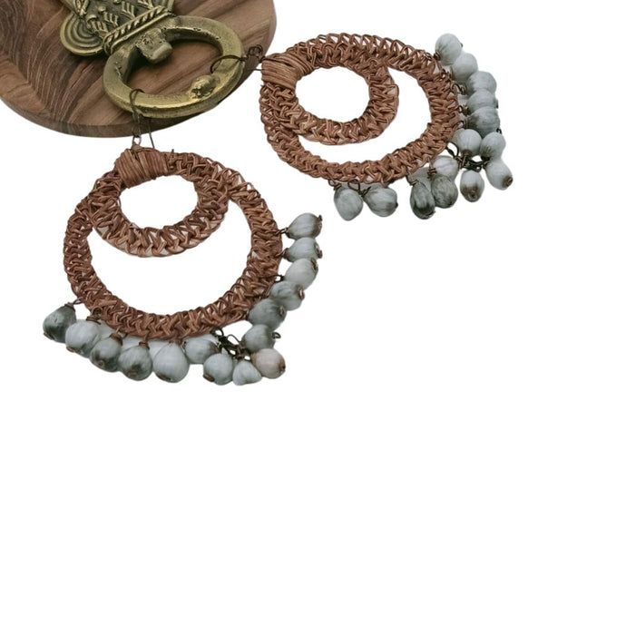 Palm Fibre Double Hoops With Grey Seeds Earring