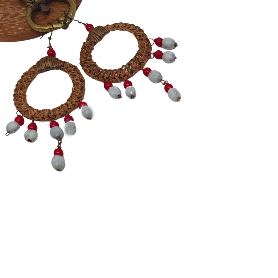 Palm Fibre With Red & Grey Seeds Round Shape Earring