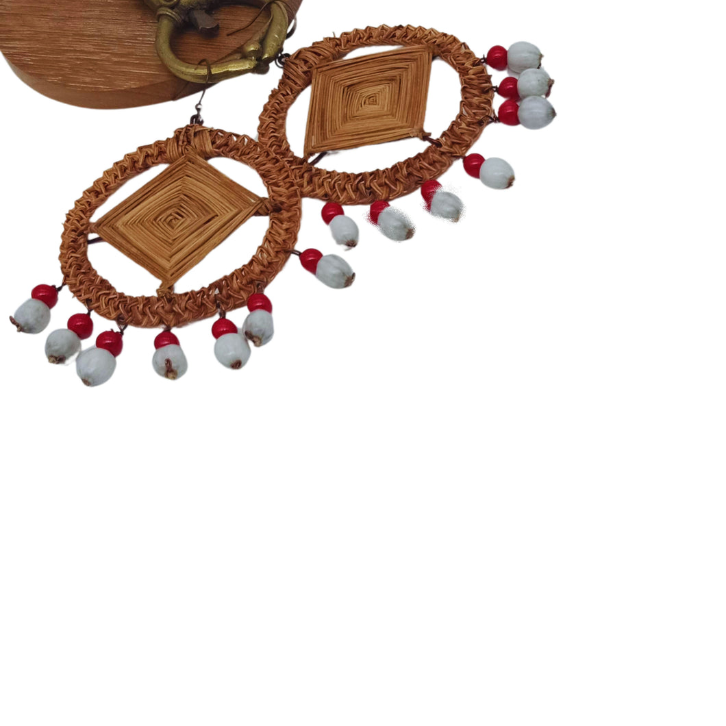 Palm Fibre With Red & Grey Seeds Diamond Shape Earring