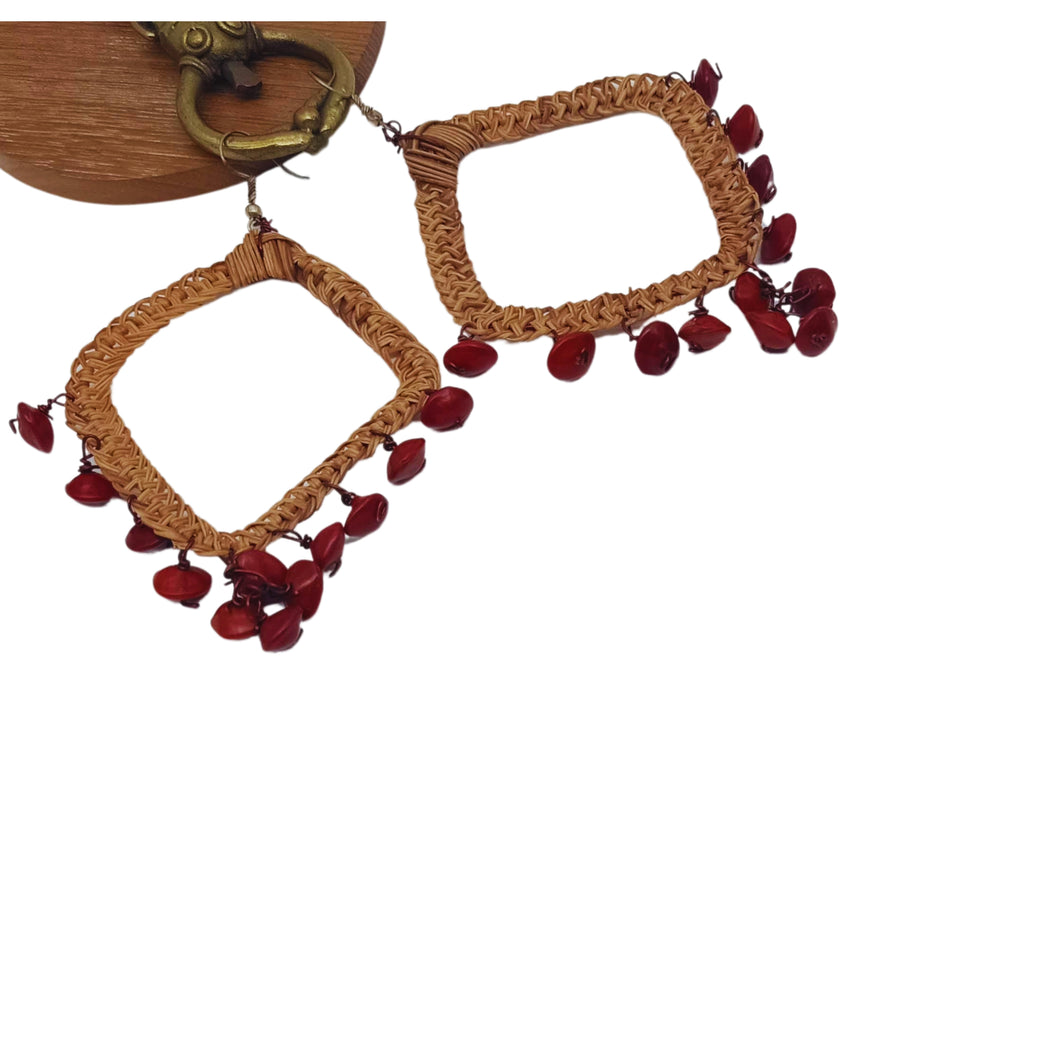 Palm Fibre With Red Seeds Diamond Shape Earring