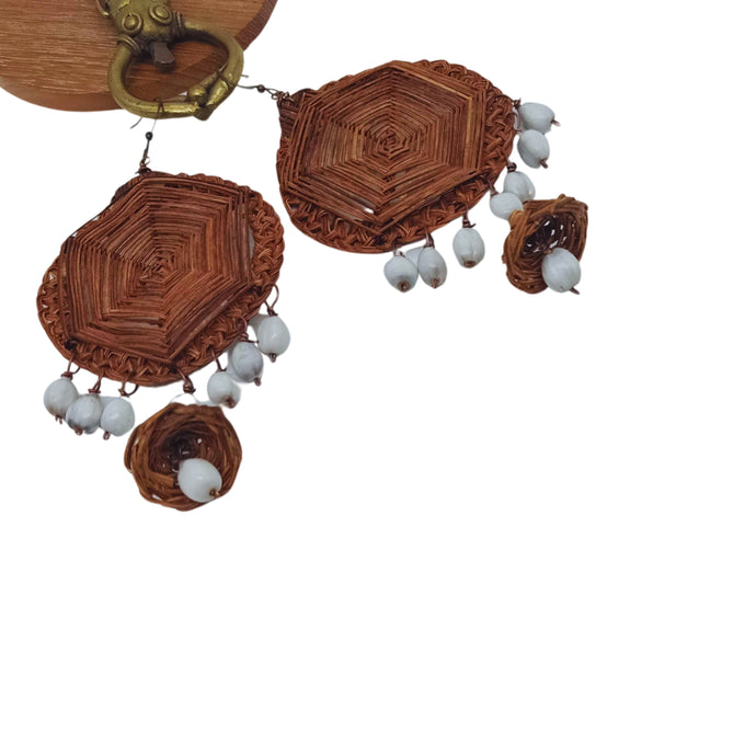 Palm Fibre With Grey Seeds Round Shape Earring