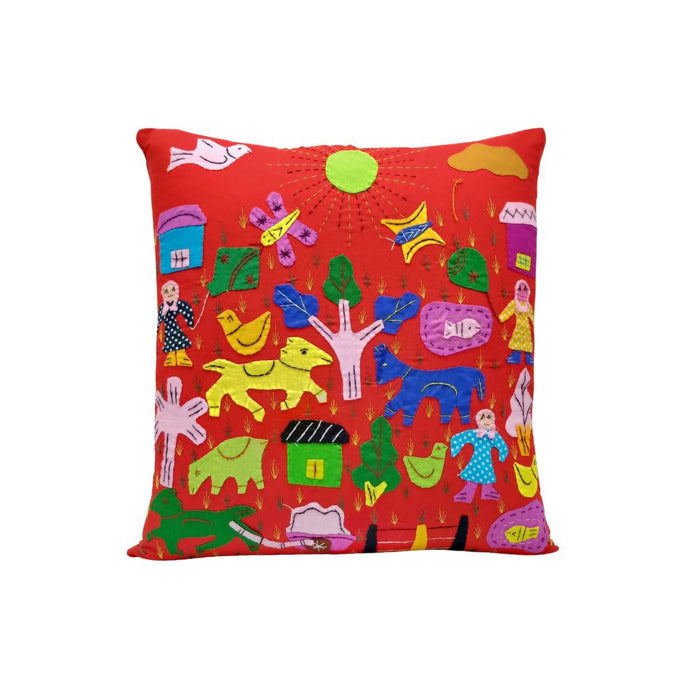 Village Scene Appliqued Cushion Cover In Red