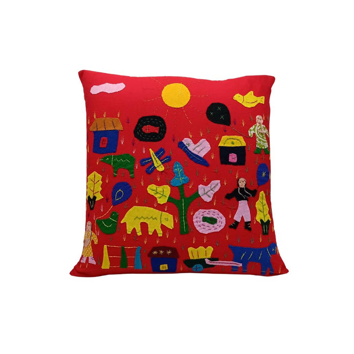 Village Scene Appliqued Cushion Cover In Red