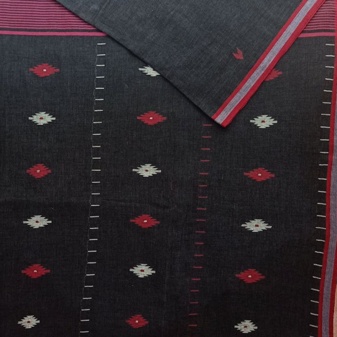 Black With Red Border Jamdani Buti Saree