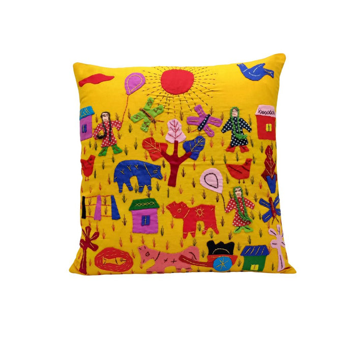 Village Scene Appliqued Cushion Cover in yellow