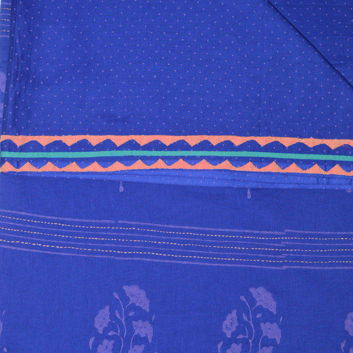 Blue & Pink Border Cotton Printed Saree With Blouse Piece