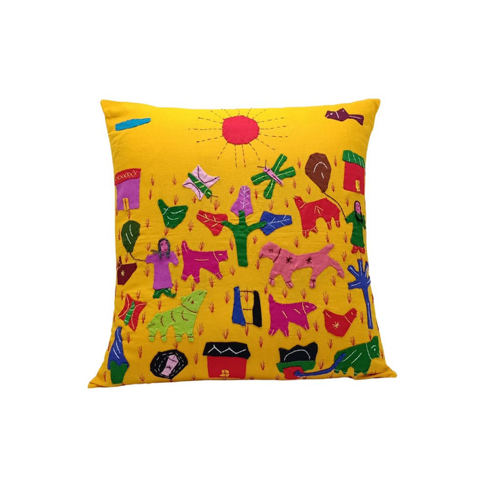 Village Scene Appliqued Cushion Cover in yellow