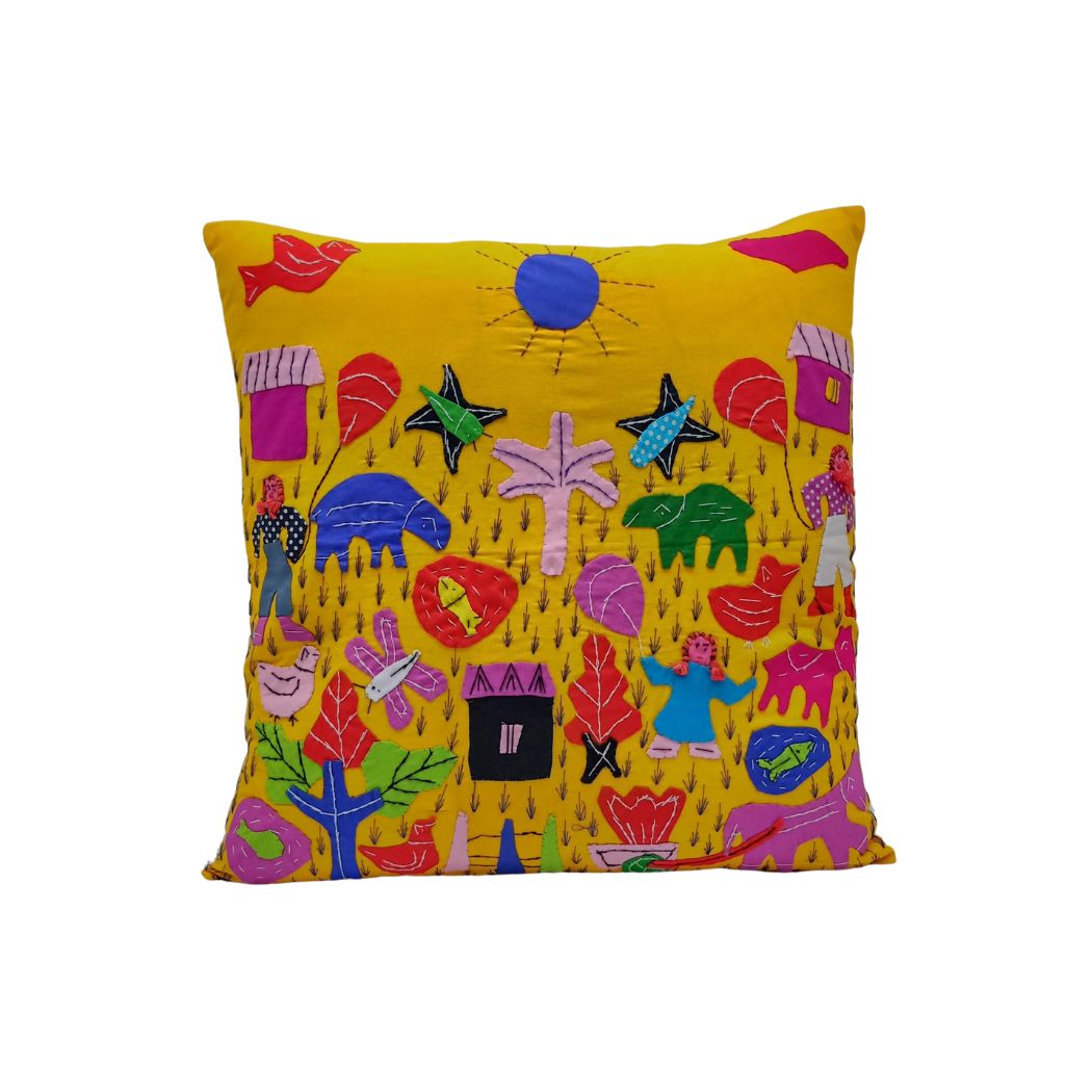 Village Scene Appliqued Cushion Cover In Yellow