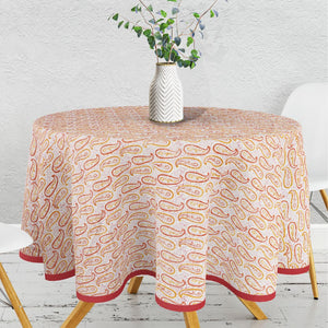 White & Red Border Small Paisley Design Round Table Cloth