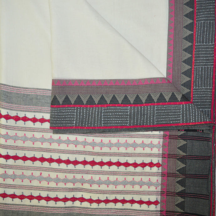 White Base Embroidered With Black & Red Border Saree