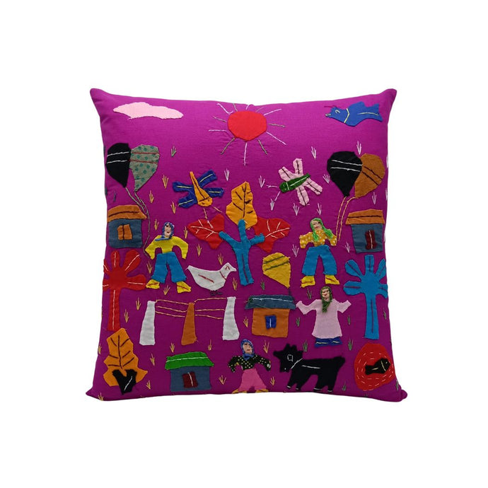 Village Scene Appliqued Cushion Cover In Purple