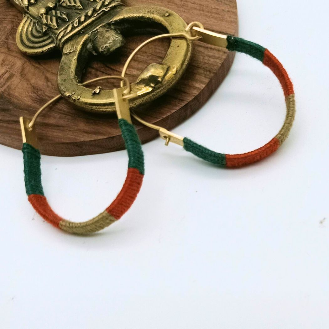 Round Brass & Multicoloured Thread Earrings