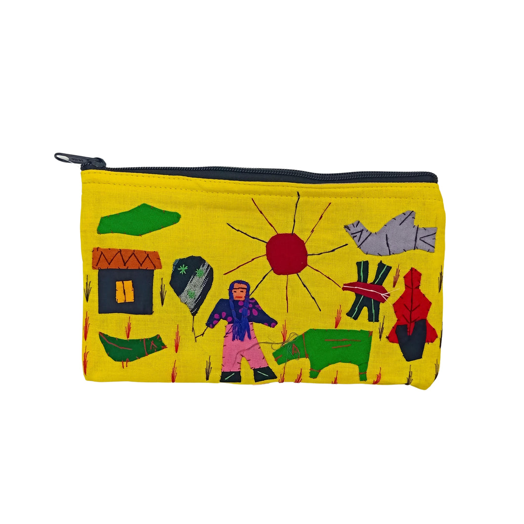 Yellow With Muliticolour Applique Purse
