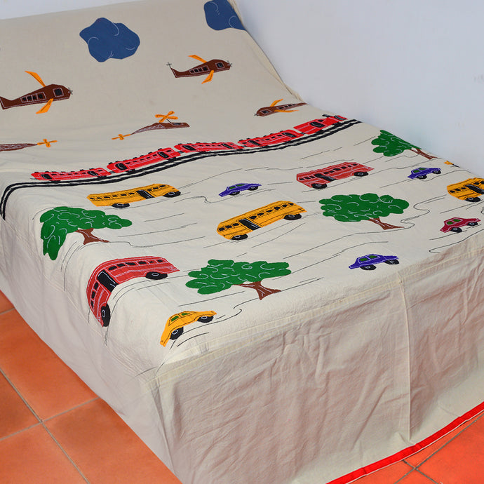 Multicoloured Transport Applique Cotton Bedcover