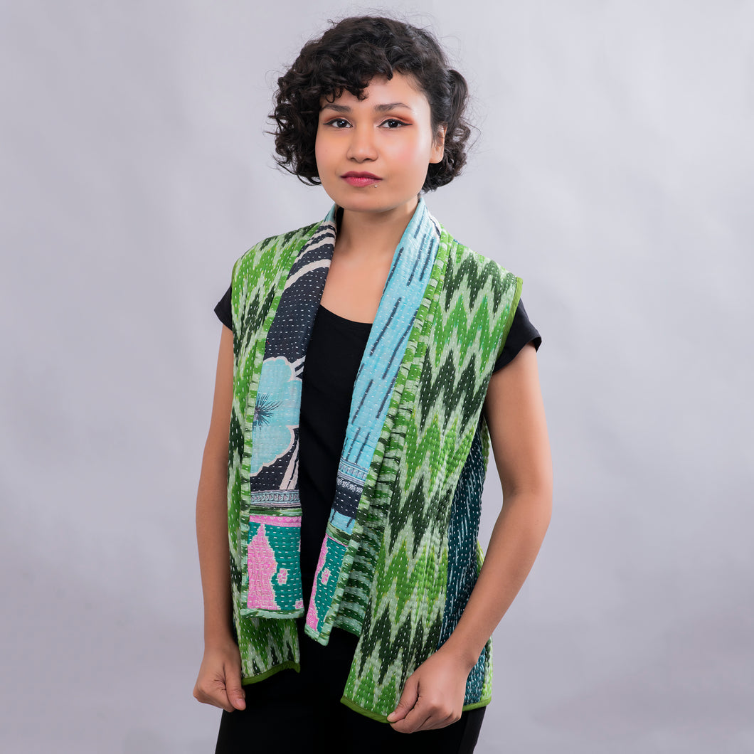 Green Sleeveless Recycled Kantha Jacket