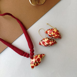 Papier Mache Jewellery Set Earring And Pendant- Red