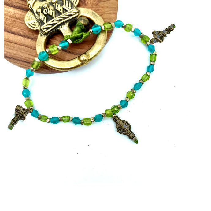 Three Motif Green & Blue Dhokra & Glass Beads Payel 