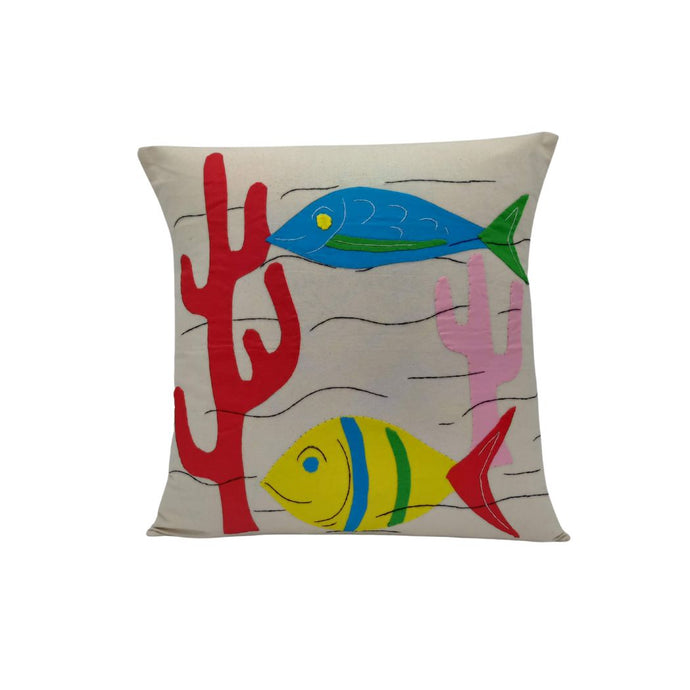 Blue & Yellow Fishes In A Pond Applique Cushion Cover