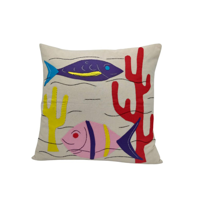 Violet & Pink Fishes In A Pond Applique Cushion Cover