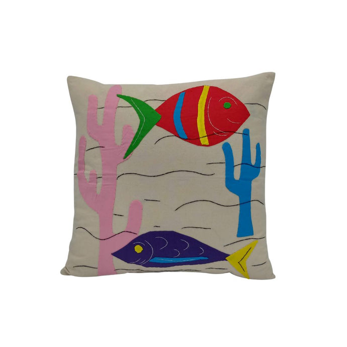 Red & Violet Fishes In A Pond Applique Cushion Cover